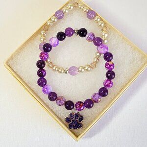 2-Purple Beaded Bracelet set with a Purple Dog Paw Charm, Size M